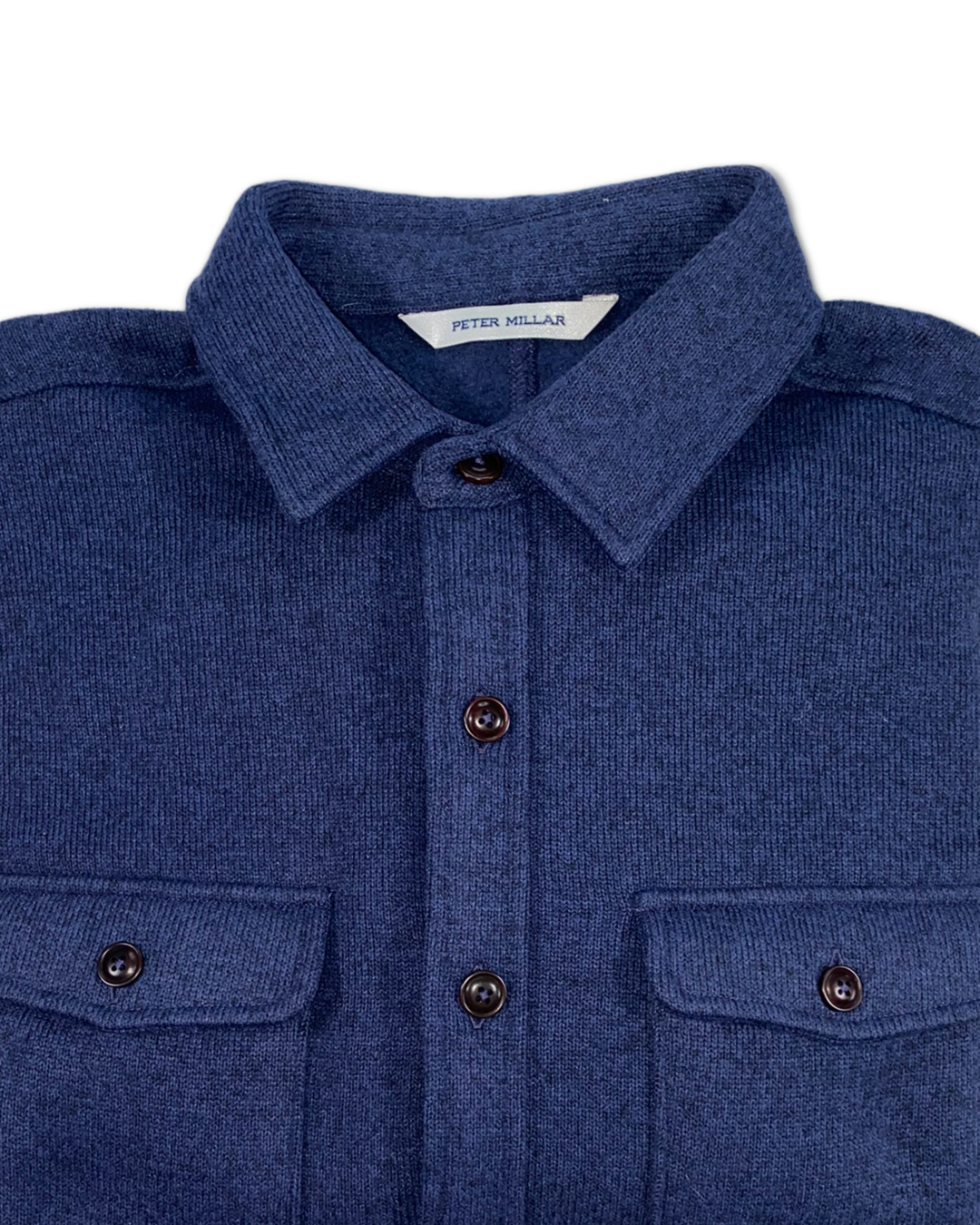 Peter Millar Men’s Golf Crown Sweater Fleece Shirt Jacket , close up of collar with button closure