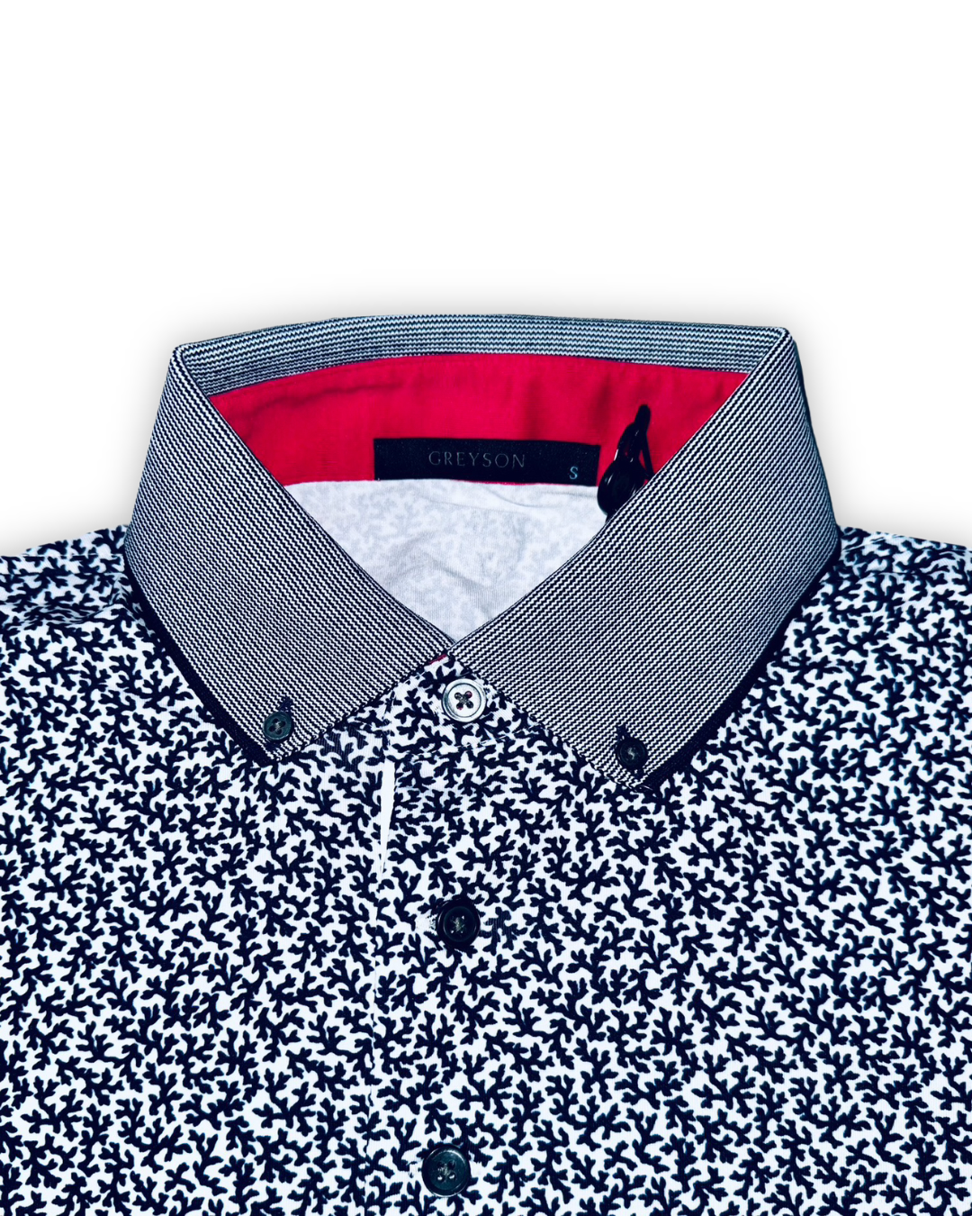 Greyson Men’s Coral Dreams Golf Polo Shirt (Baltusrol Logo), contrast collar with button closure