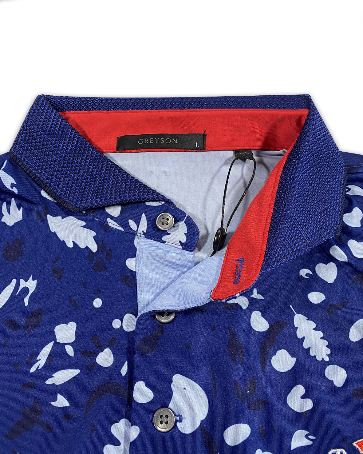Greyson Men’s Wolf Forest Golf Polo Shirt , close up of contrast collar