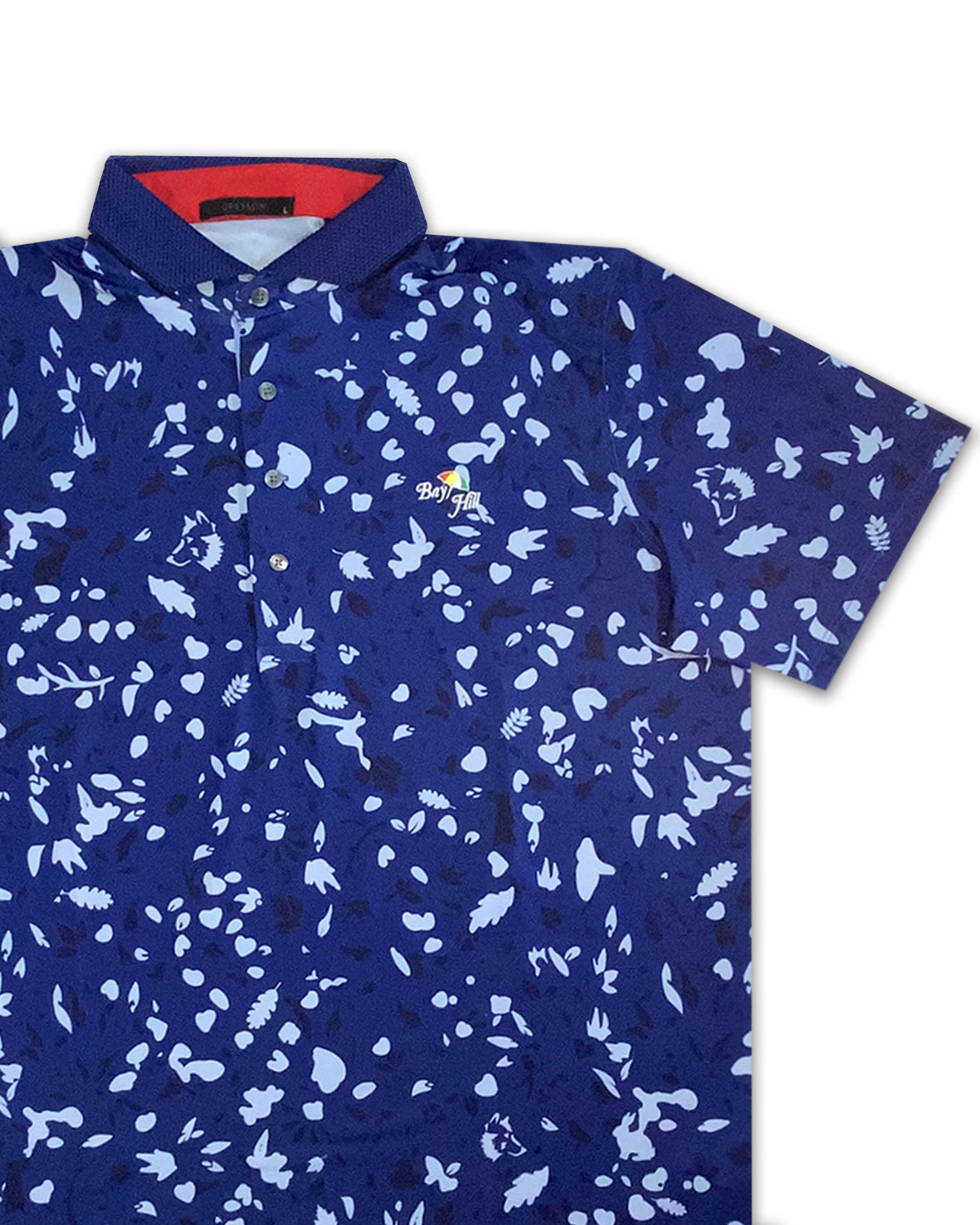 Greyson Men’s Wolf Forest Golf Polo Shirt , open view with embroidered