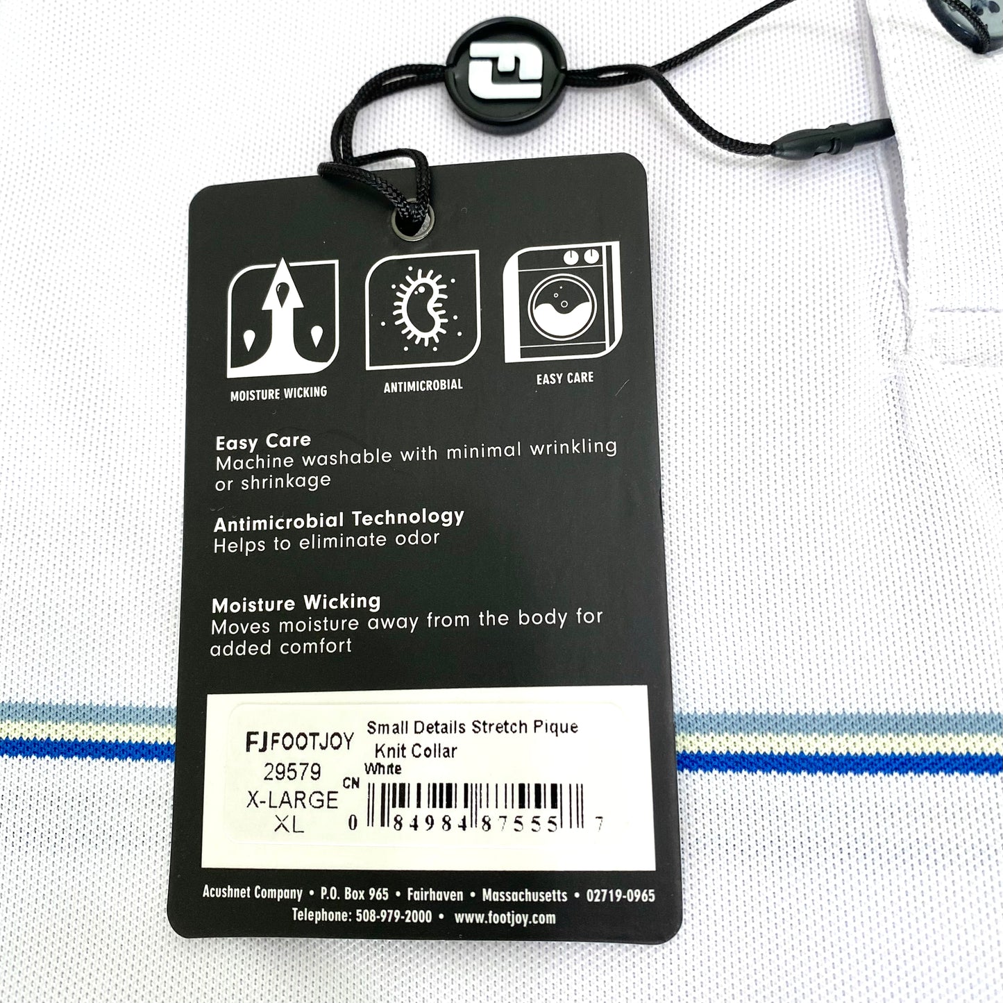 FootJoy Small Details Stretch Pique Knit Collar color white, label with features and specifications