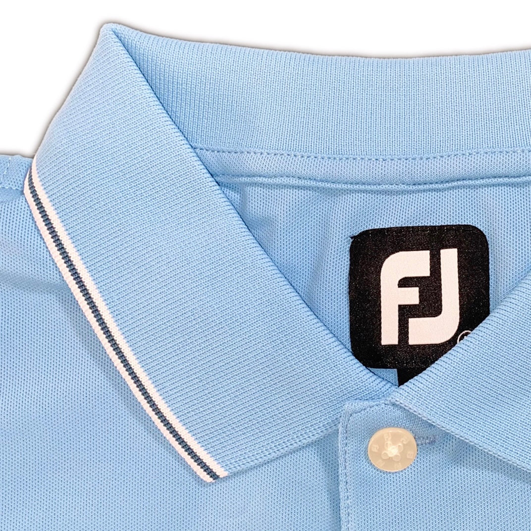 FootJoy Men’s Small Details Stretch Pique Knit Collar Polo color dusk-blue , collar detail close up