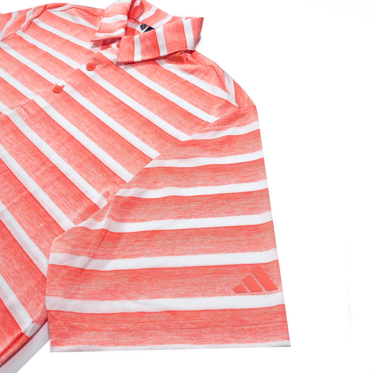 Adidas Men’s Two Color Striped Golf Polo Shirt, color Coral Fusion / White, sleeve logo brand