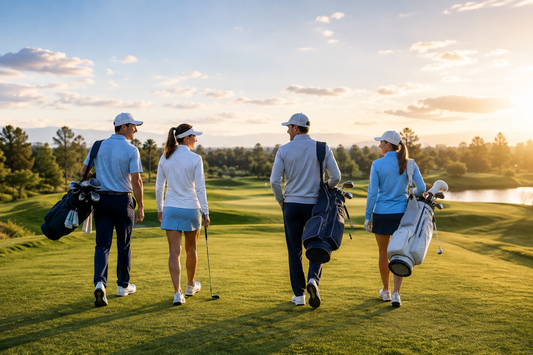 Golfers wearing lightweight layers on a golf course during changing late-summer temperatures.