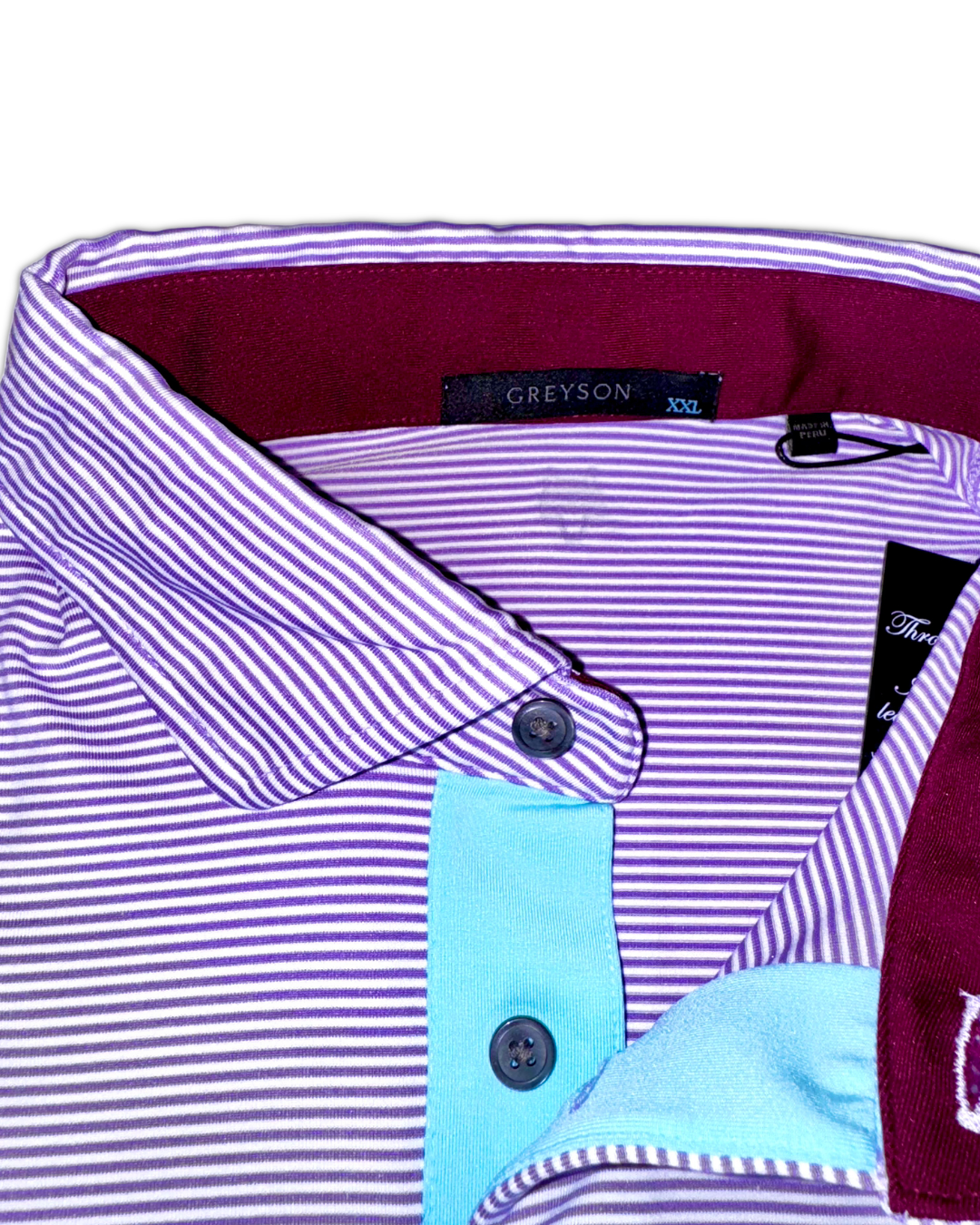 Greyson Men’s Saranac Golf Polo Shirt (Baltusrol Logo) self collar with button closure 