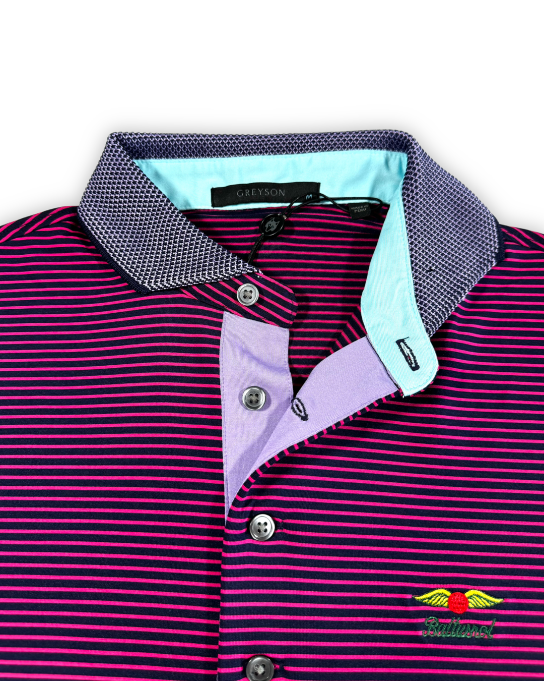 Greyson Men’s Arcadia Knit Golf Polo Shirt (Baltusrol Golf Club Logo), button closure and knit collar 