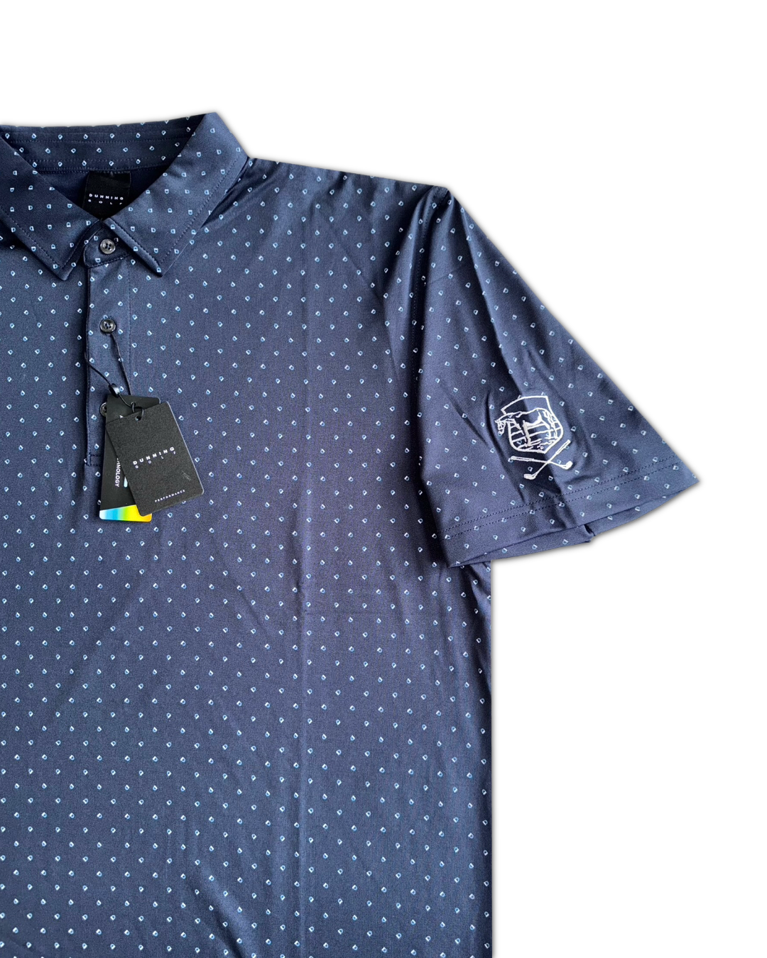 Dunning Golf Men’s Signature D Jersey Perfonmance Polo Shirt, embroidered logo on sleeve 