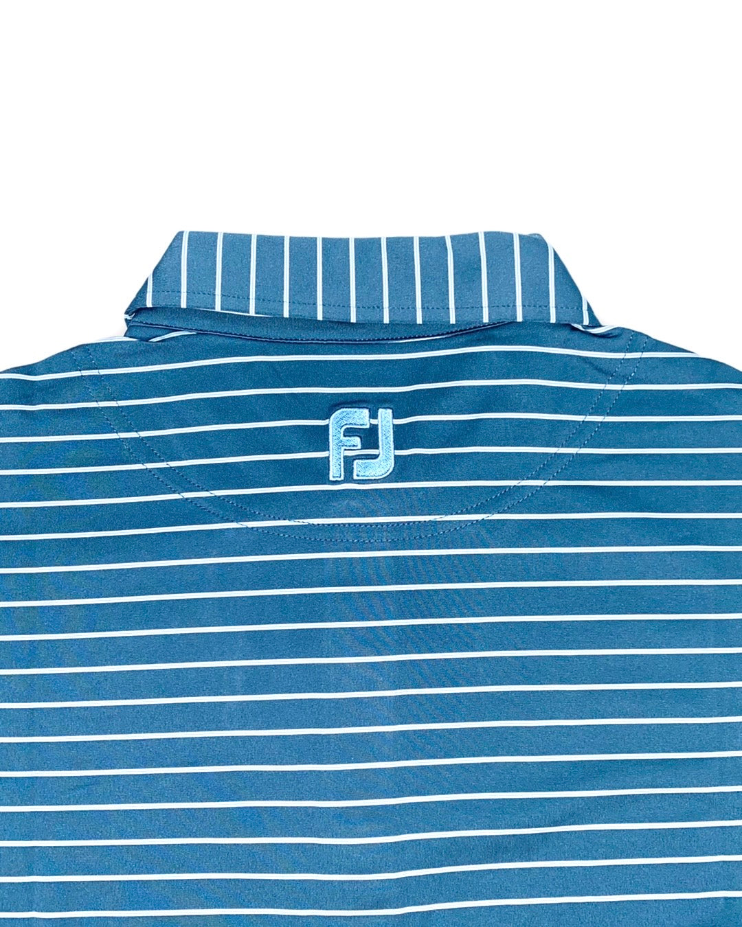 FootJoy Men’s Triple Pinstripe Lisle Self Collar Golf Polo, embroidered logo on the upper back 