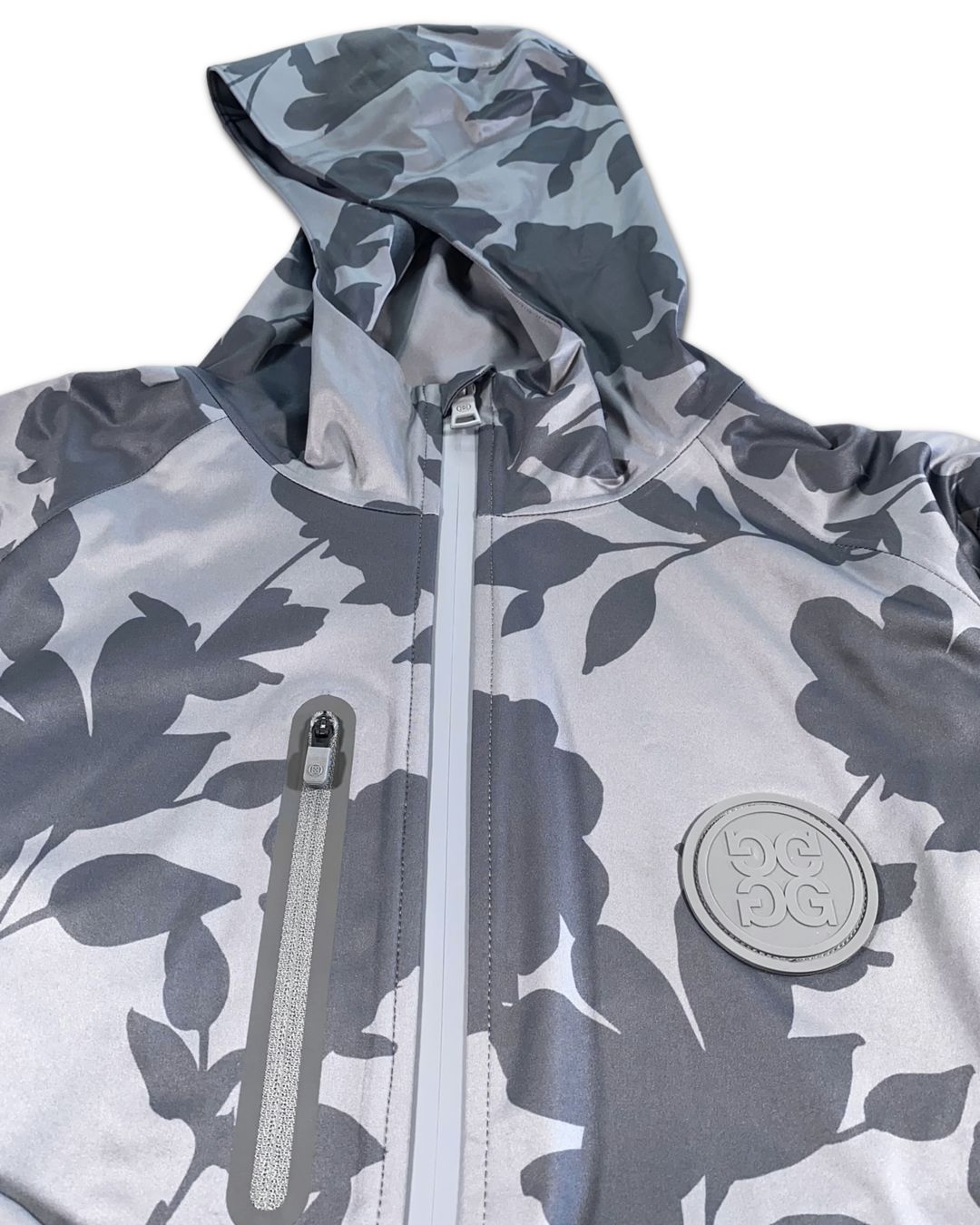 G/Fore Tonal Floral Weather Resistant Repeller Jacket , full zip close up 