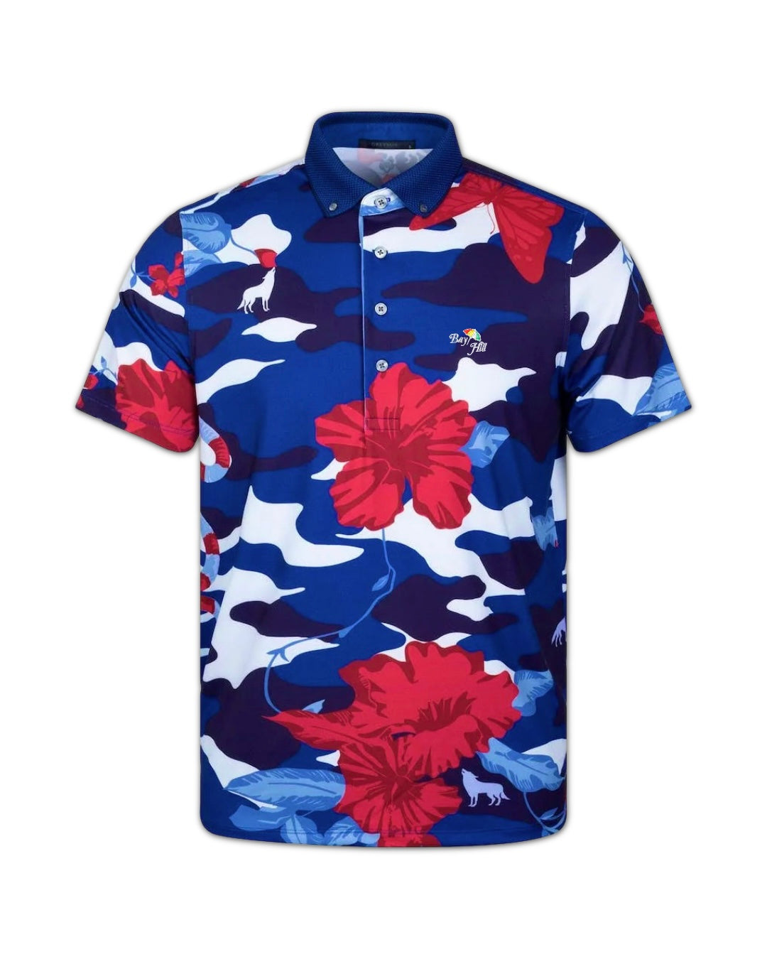 Greyson Men’s Wild Hibiscus Golf Polo (Arnold Palmer's Bay Hill) open front side 