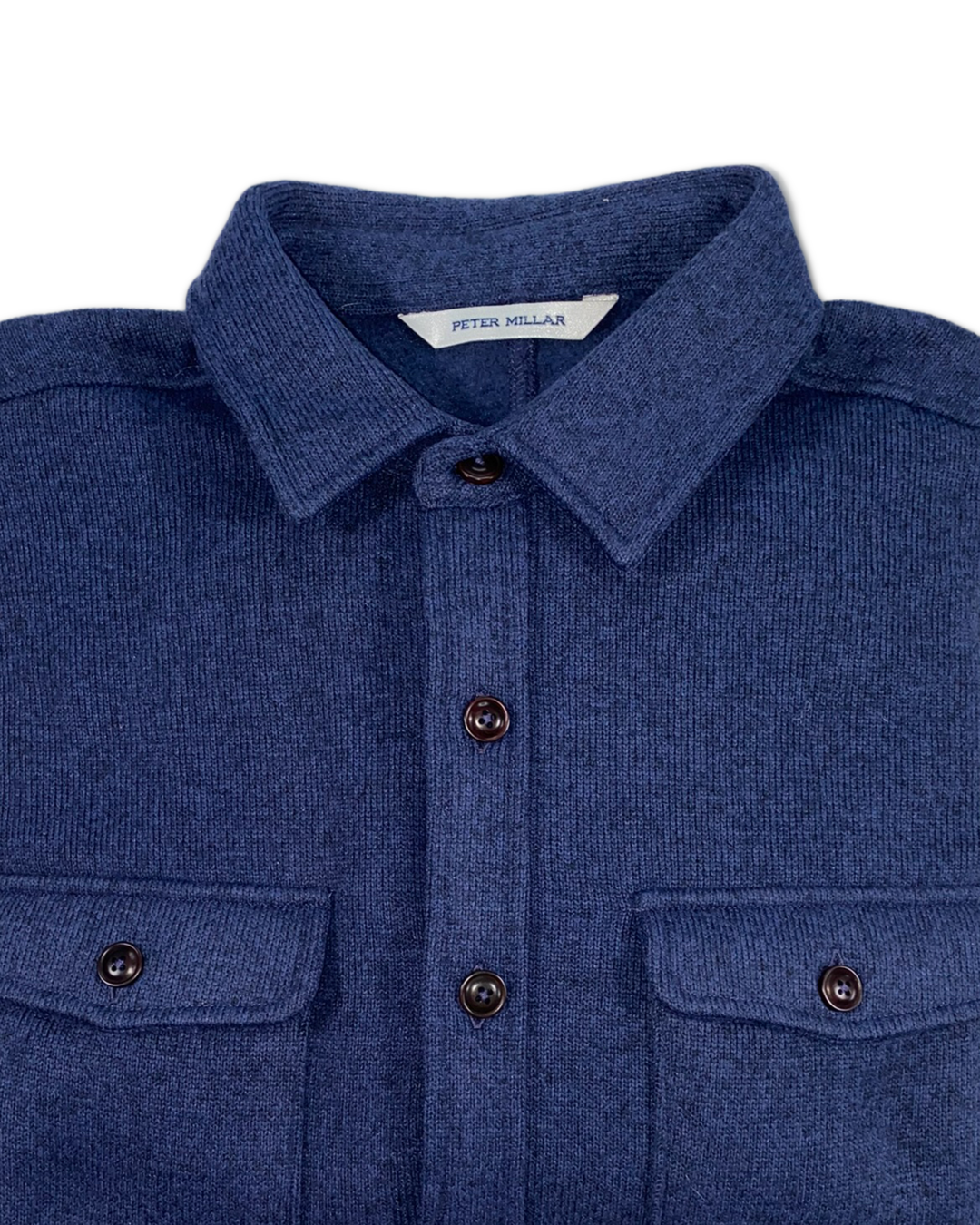 Peter Millar Men’s Golf Crown Sweater Fleece Shirt Jacket , close up of collar with button closure 