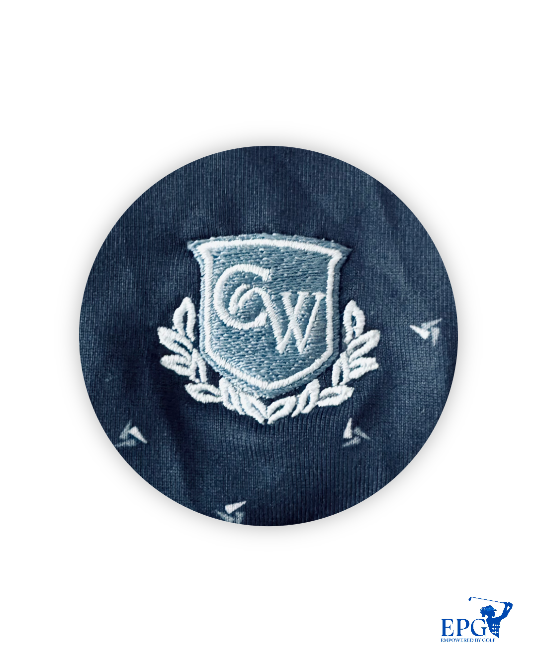 Dunning Golf Men’s Langford Performance Polo Shirt , close up of embroidered 