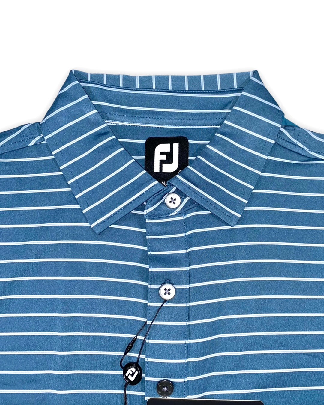 FootJoy Men’s Triple Pinstripe Lisle Self Collar Golf Polo, close up of collar with button closure 