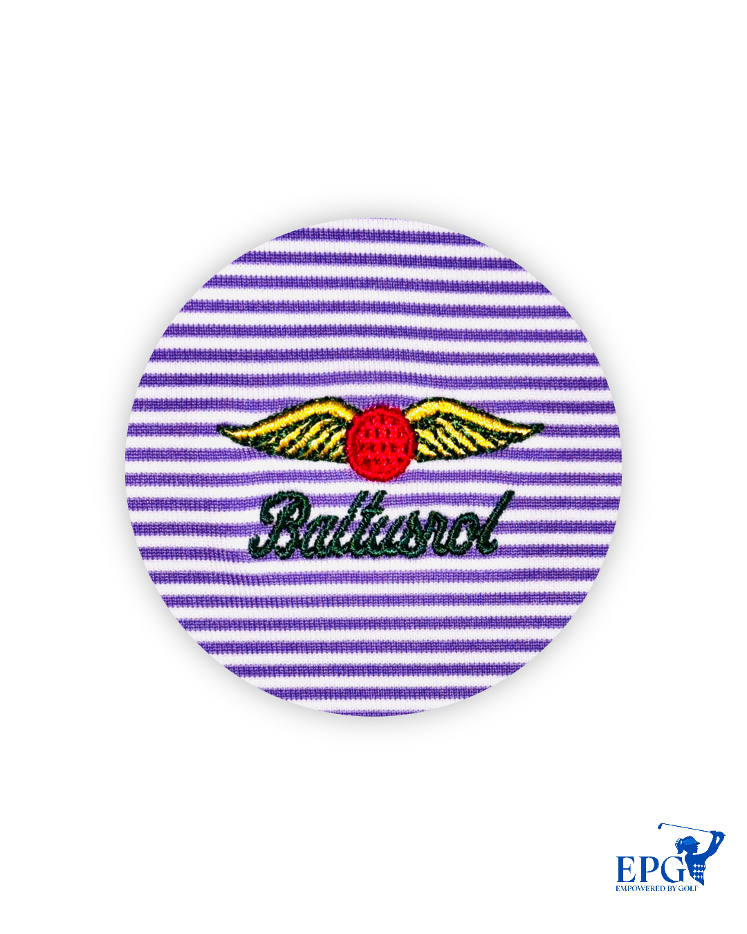 Greyson Men’s Saranac Golf Polo Shirt , close up of Baltusrol Logo on chest 