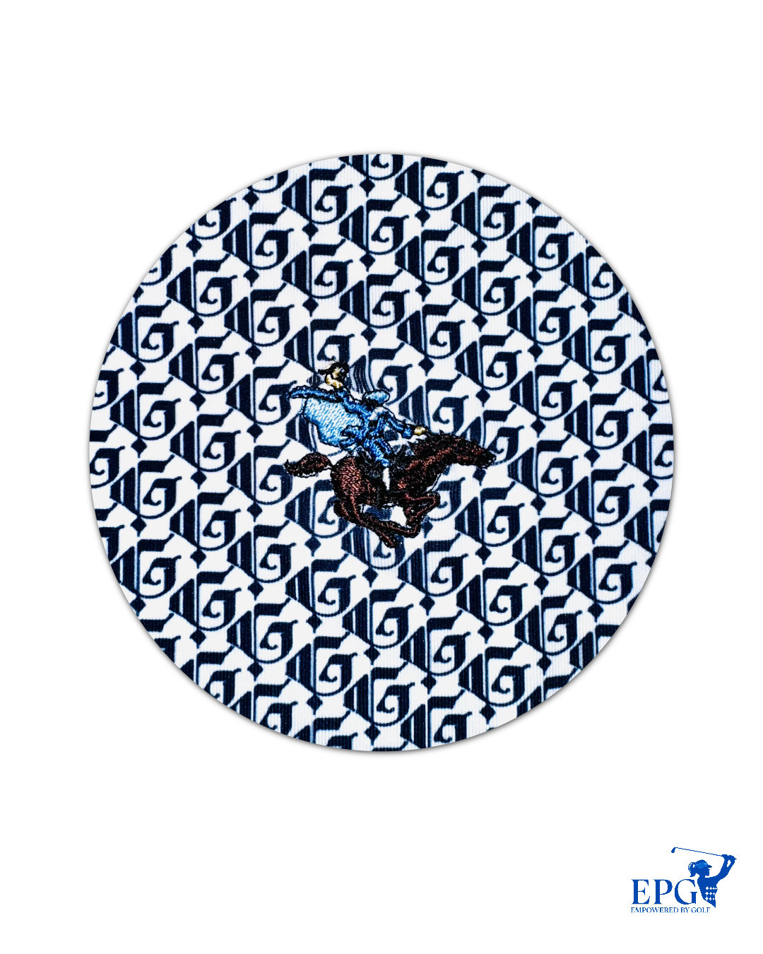 Greyson Men’s Snow Golf Polo Shirt, close up of Sleepy Hollow logo on chest 