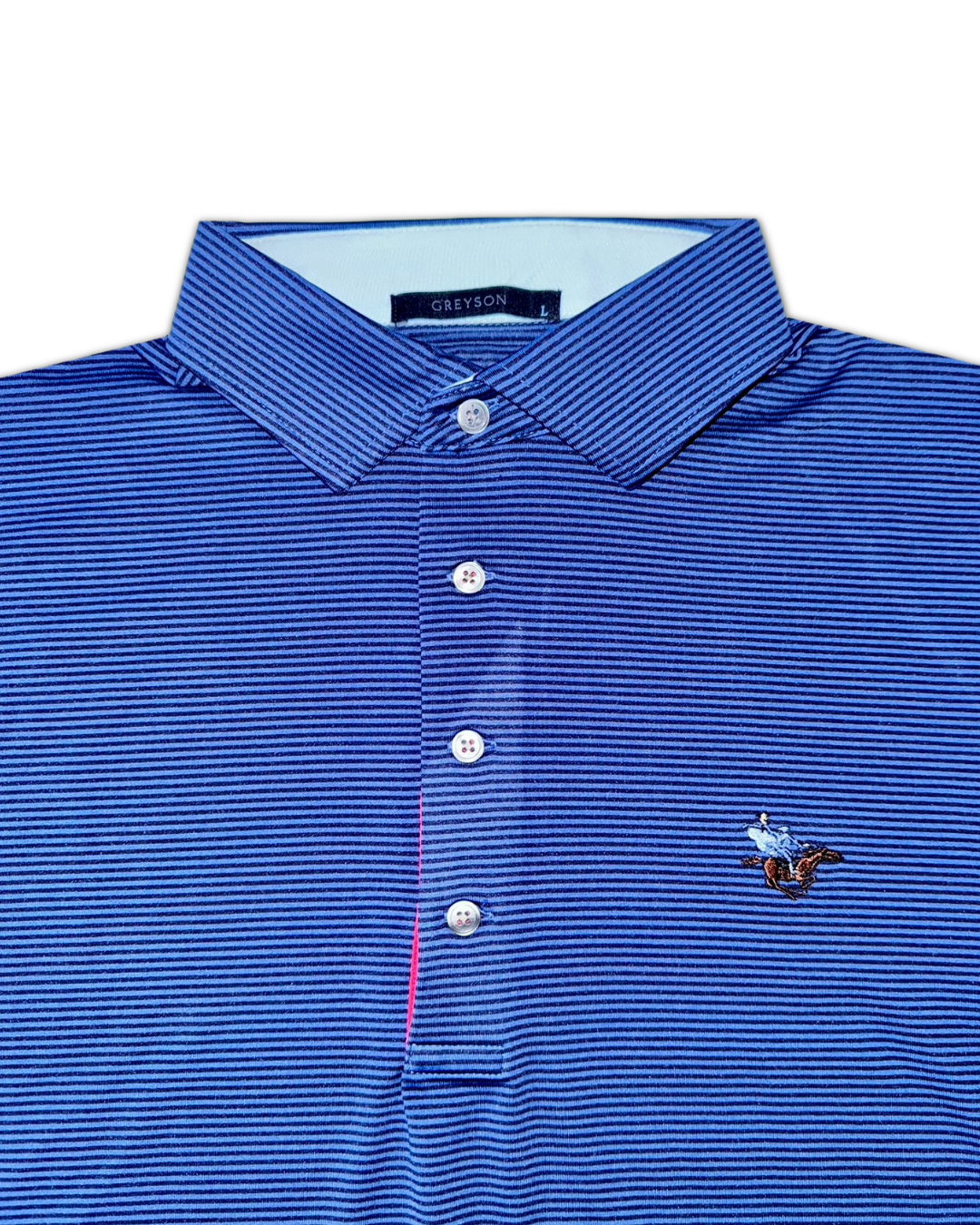 Greyson Men’s Saranac Golf Polo Shirt (Sleepy Hollow Logo), self collar and button closure 