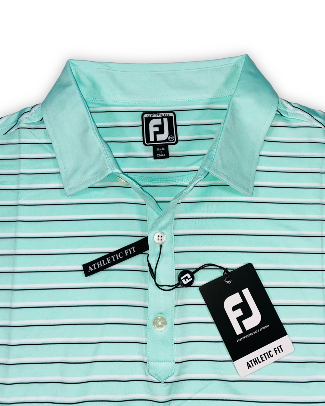 FootJoy Men’s Lisle Multi Stripe Self Collar Golf Polo , close up of self collar with button closure 