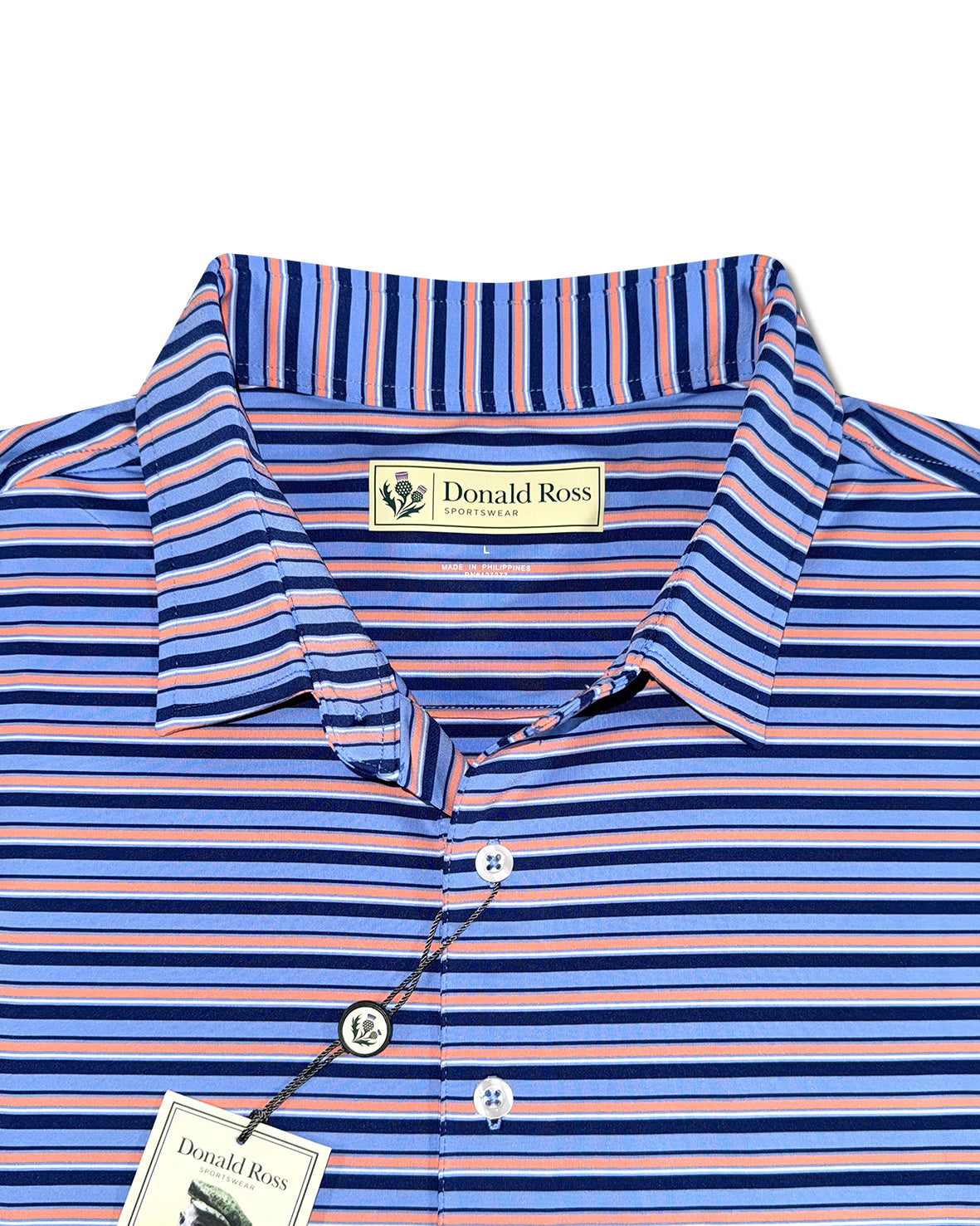 Donald Ross Men’s Bold Multi Stripe Golf Polo , self collar and button closure close up 