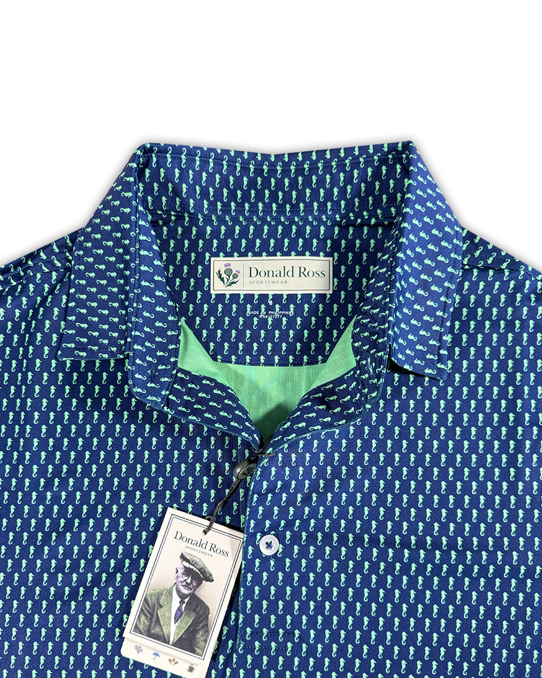 Donald Ross Men’s Seahorse Golf Polo Shirt , close up of self collar with button closure 