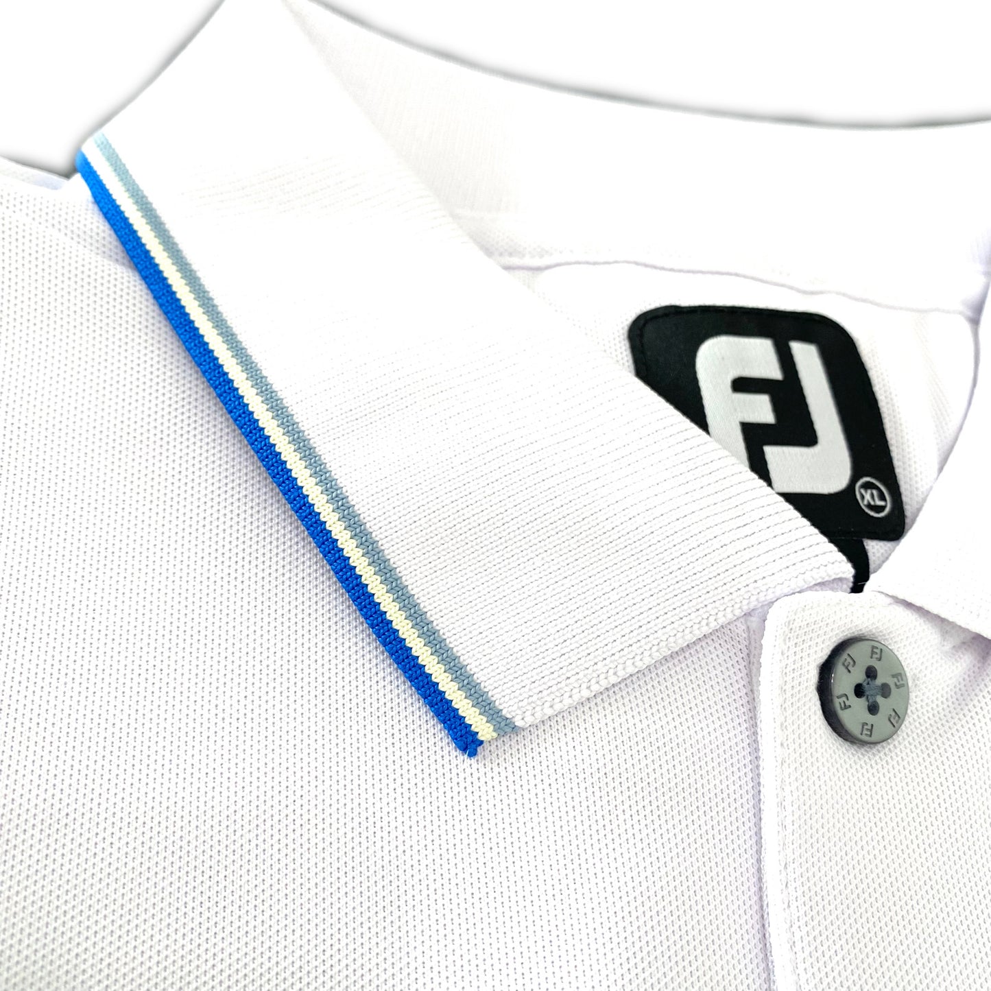 FootJoy Small Details Stretch Pique Knit Collar color white , close up of collar details 