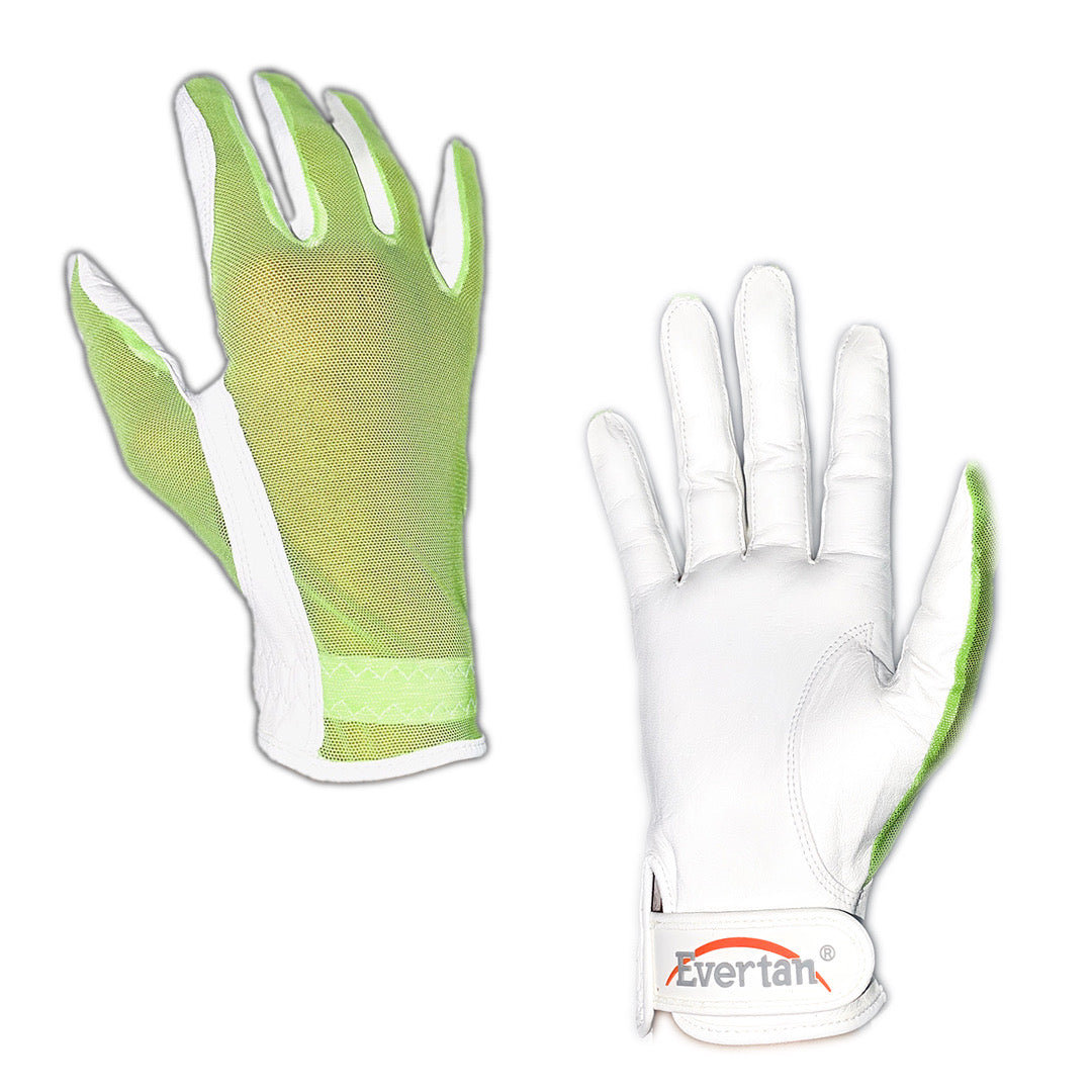 Evertan Women’s Lipstick Golf Gloves color green/white , palm and top hand view