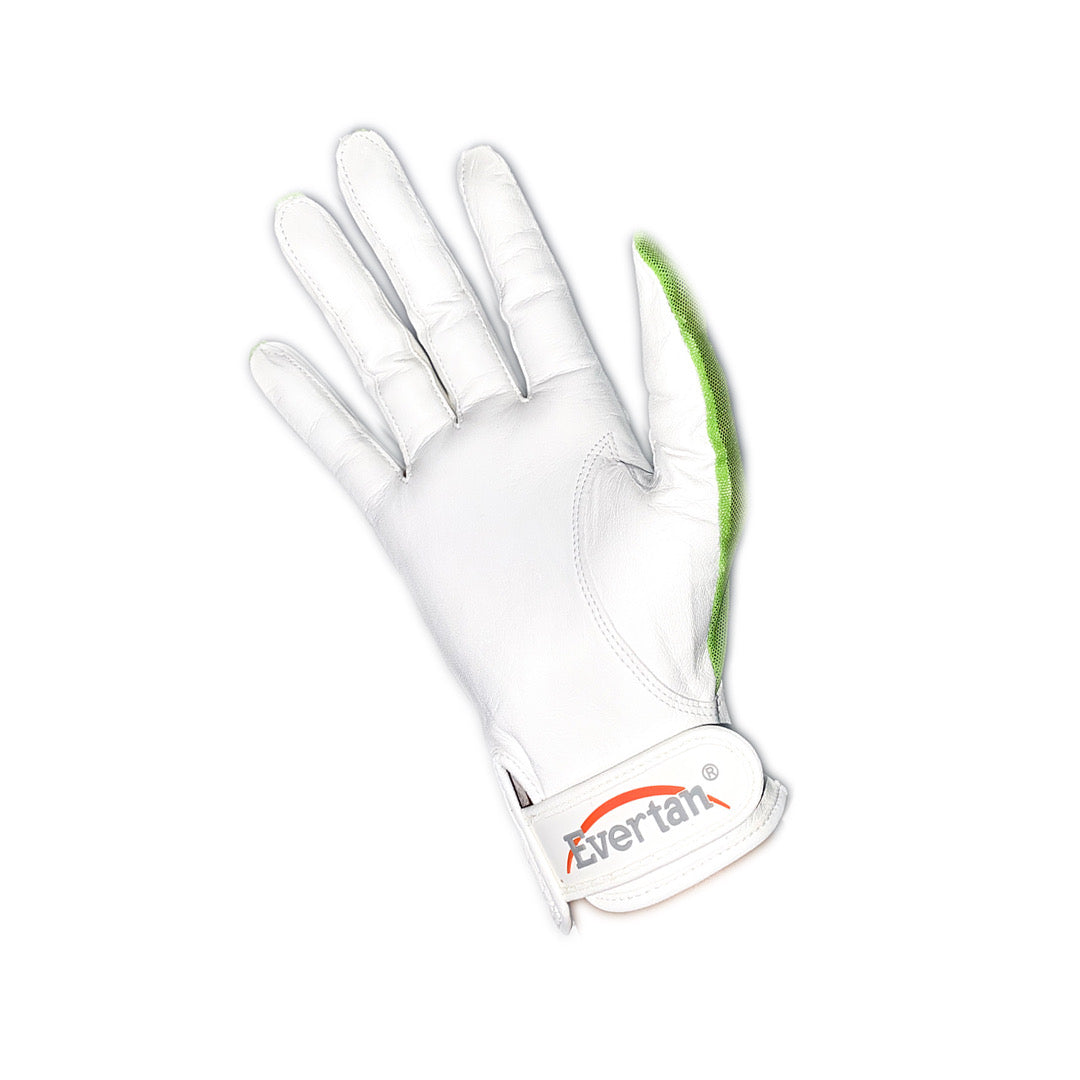 Evertan Women’s Lipstick Golf Gloves color green/white , view of the cabretta leather palm hand and the logo brand on the velcro closure 