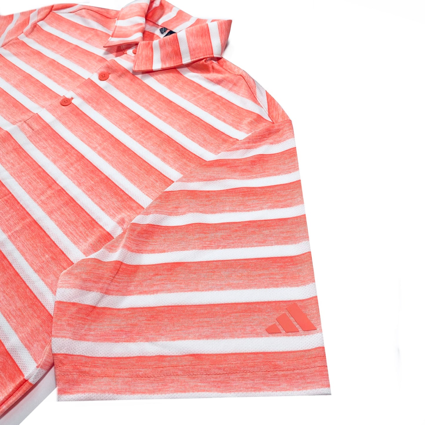 Adidas Men’s Two Color Striped Golf Polo Shirt, color Coral Fusion / White, sleeve logo brand 