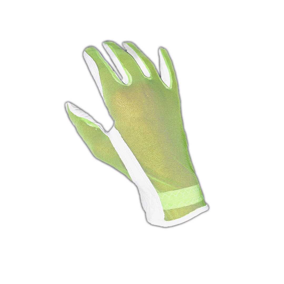 Evertan Women’s Lipstick Golf Gloves color green/white, lycra sport mesh on top hand 