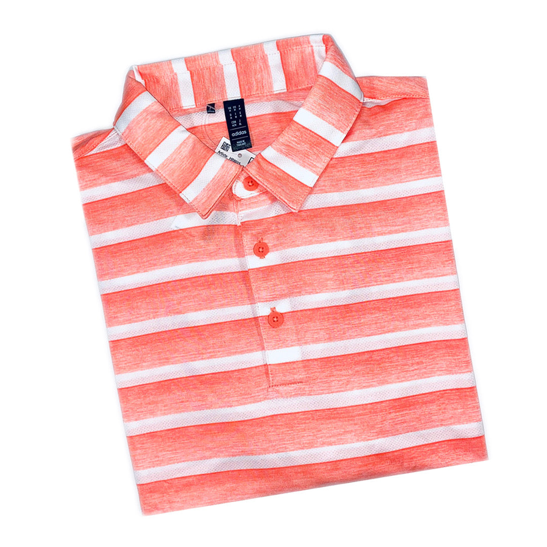 Adidas Men’s Two Color Striped Golf Polo Shirt, color Coral Fusion / White